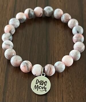 Pink Jasper Beaded Stretch Bracelet with Silver Tone "Dog Mom" Charm